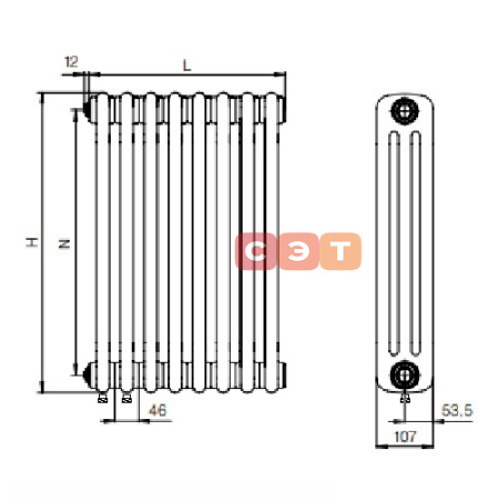 Радиатор стальной 3х трубный Rifar TUBOG 24 секций (в.  570мм, подкл. -  донное левое/правое, ТЕРМОКЛАПАН)